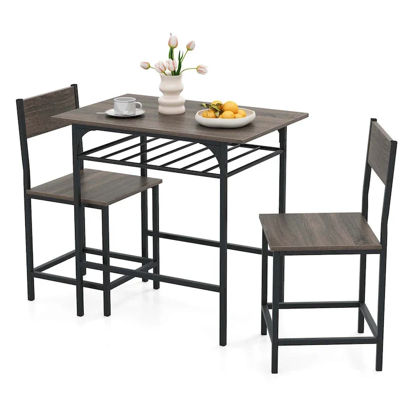 3PCS Dining Table Set Industrial Breakfast Nook Table Set w/ Wine Rack