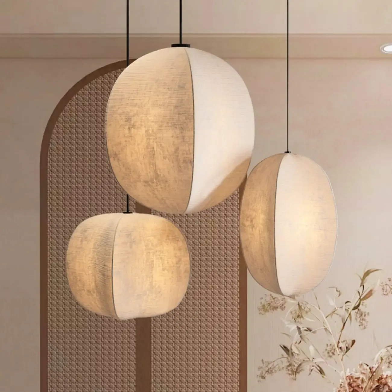 Modern Beige Fabric Geometric Pendant Light Adjustable Height