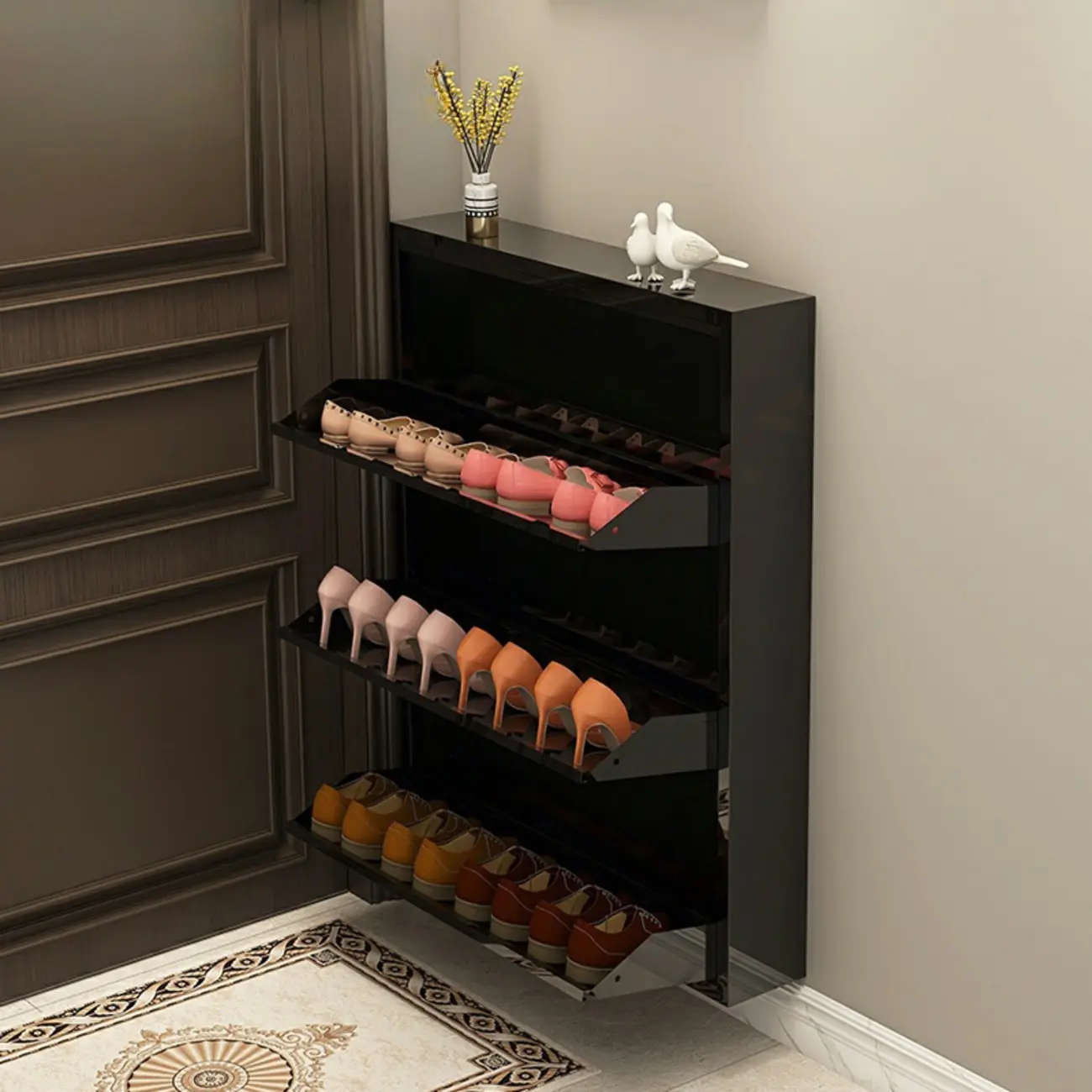 Gloss Black Wall Mounted Wooden Slim Drop Front Shoe Cabinet