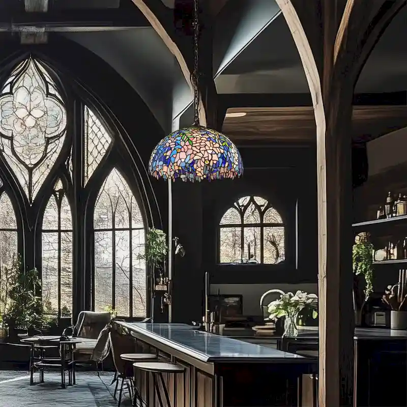 Rikkie 2-Light Wisteria Design Stained Glass Shade Tiffany-Style Pendant Lamp