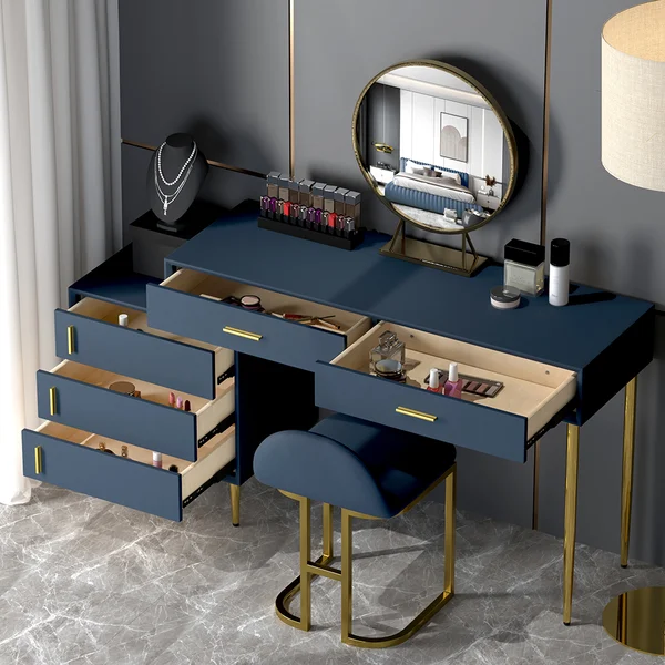 Modern Blue Makeup Vanity Set Retracted Dressing Table Cabinet&Stool&Mirror Included - Premium Quality Home Furniture | Kendale Furniture