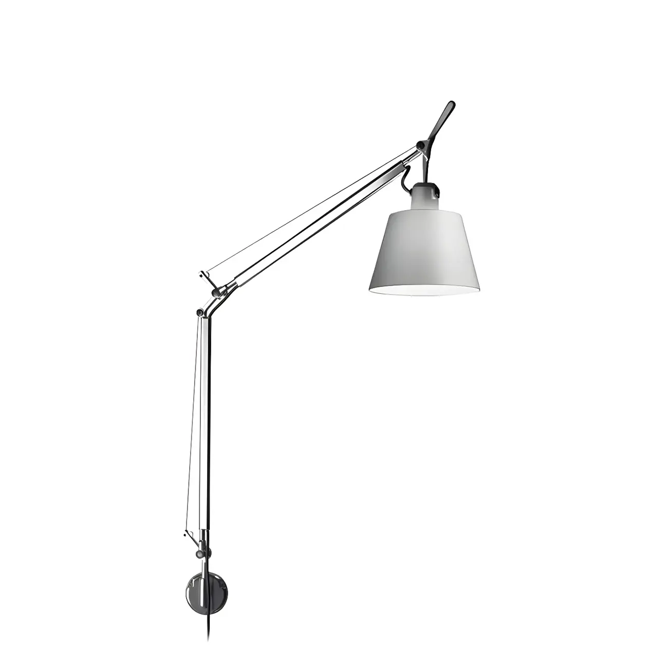 Industrial Silver Swing Arm Wall Light with White Fabric Shade