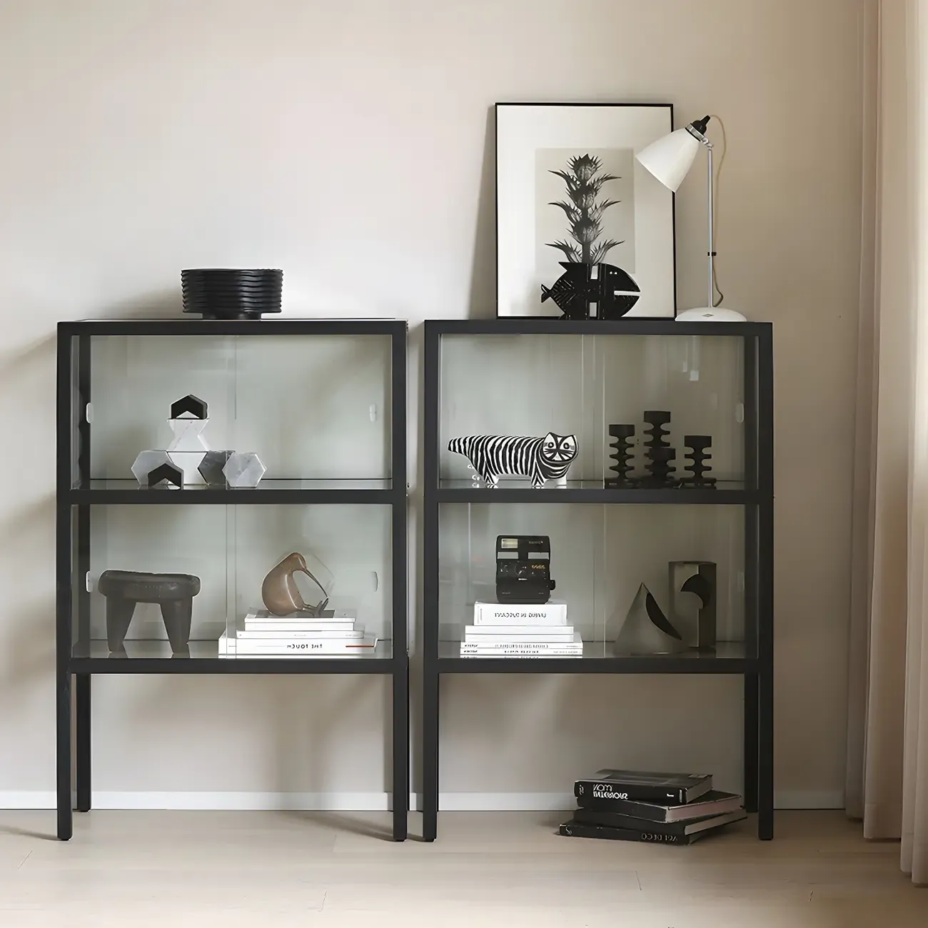 Modern Black Glass Display Cabinet with Metal Frame