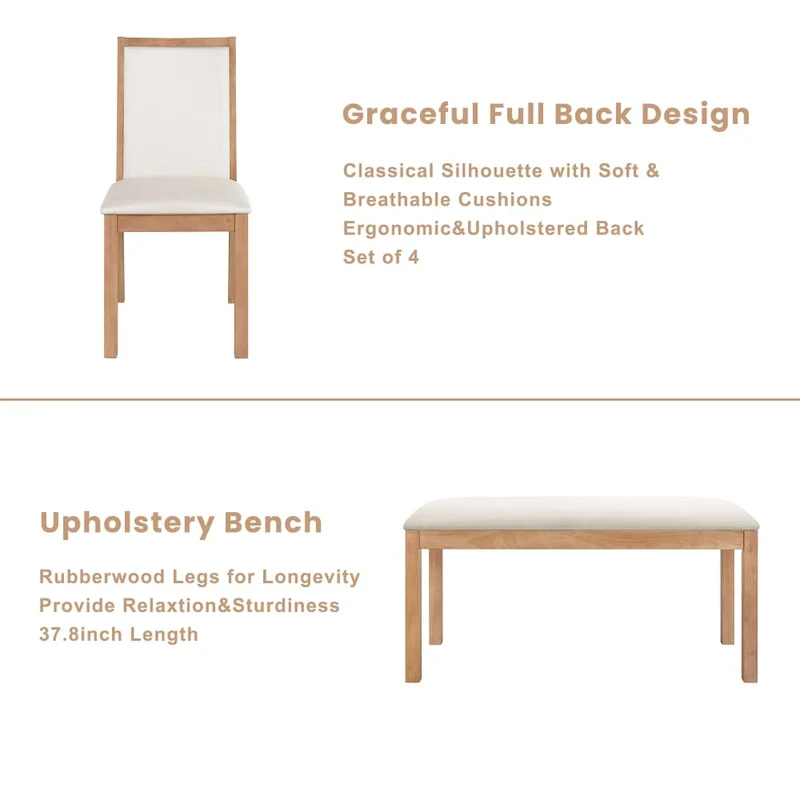 6-Piece Farmhouse Dining Table Set with 4 Upholstered Chairs and Bench