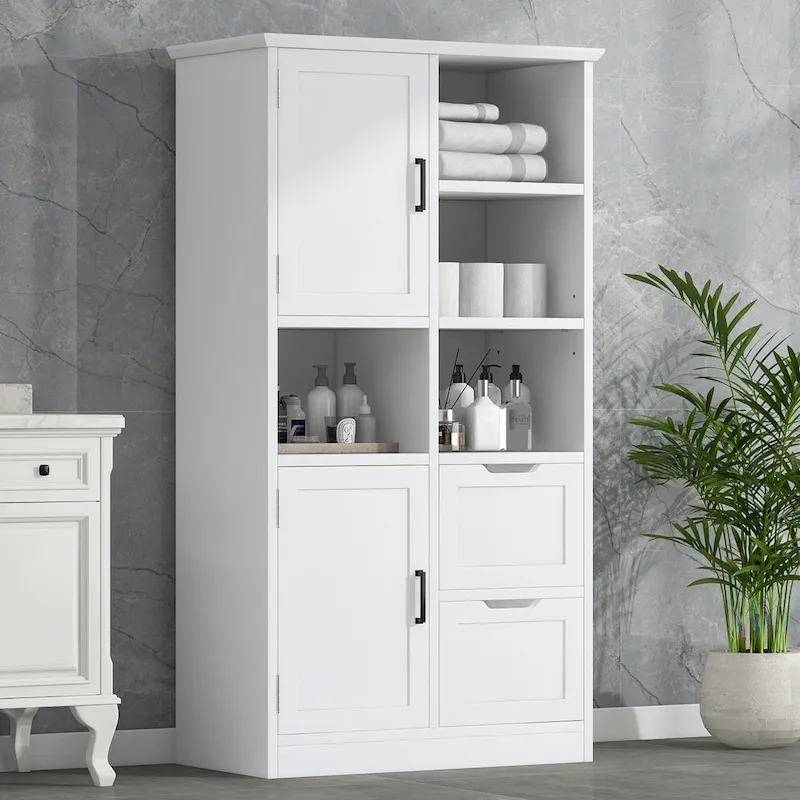 Bathroom Storage Cabinet with 2 Doors, 2 Drawers, Open Shelve & Adjustable Shelf
