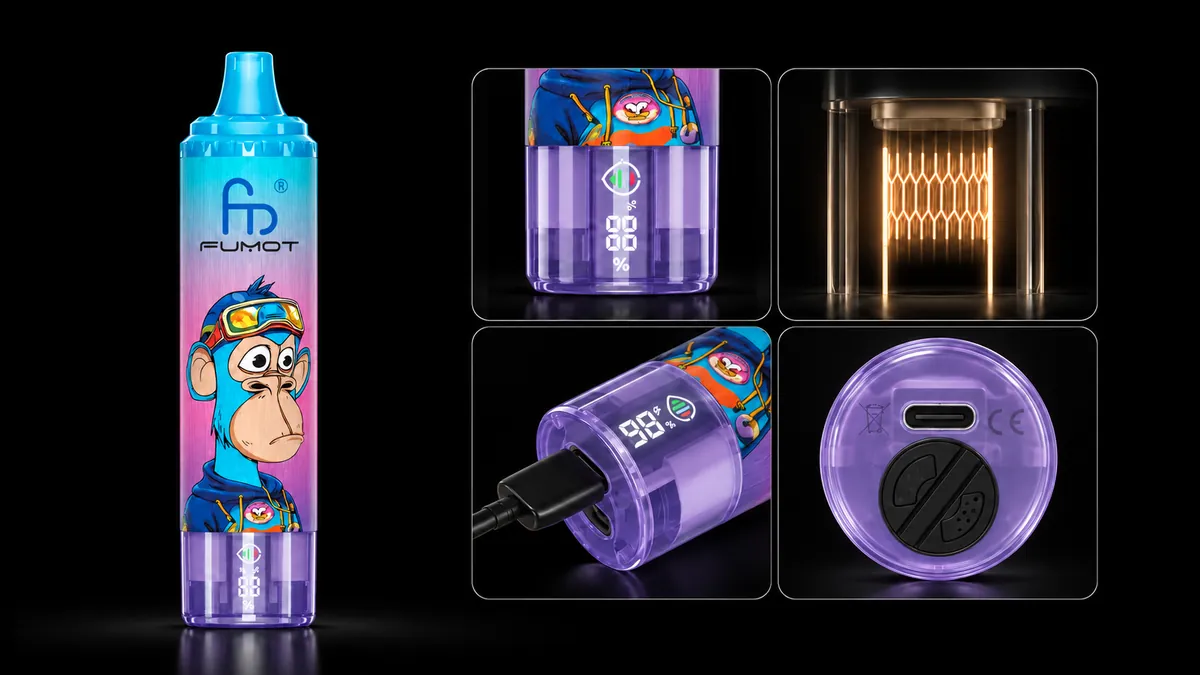 FUMOT Tornado 15000 Blueberry Peach Ice – Detailansichten von Display, Heizsystem, USB-C-Anschluss und Luftregulierung