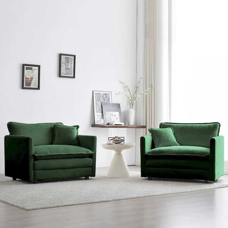 Accent Chair Set of 2, High-end Chenille Upholstered Armchairs, Living Room Side Chairs with Toss Pillow, Green Chenille