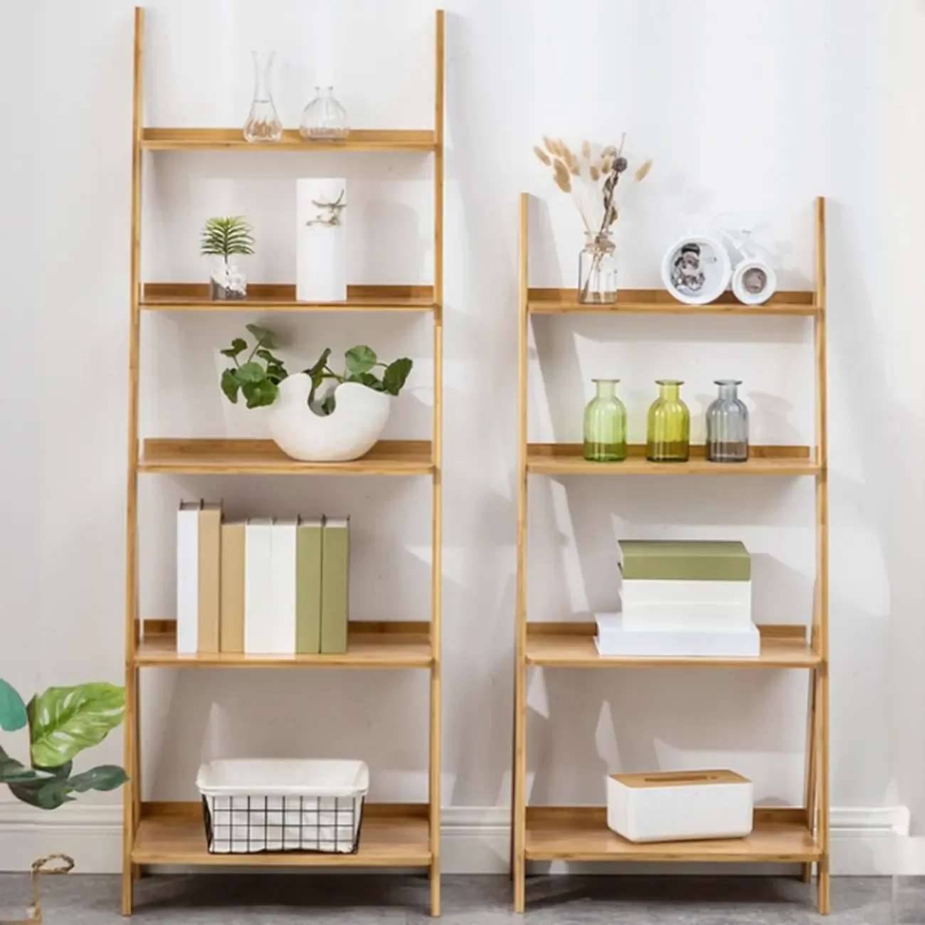 Bamboo Open 4 Shelves Adjustable Ladder Bookcase