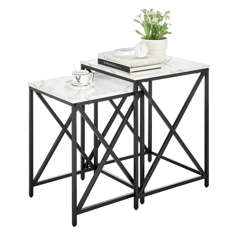 Modern Square Marble Finish Veneer Top Black Metal Frame Nesting End Tables - Set of 2