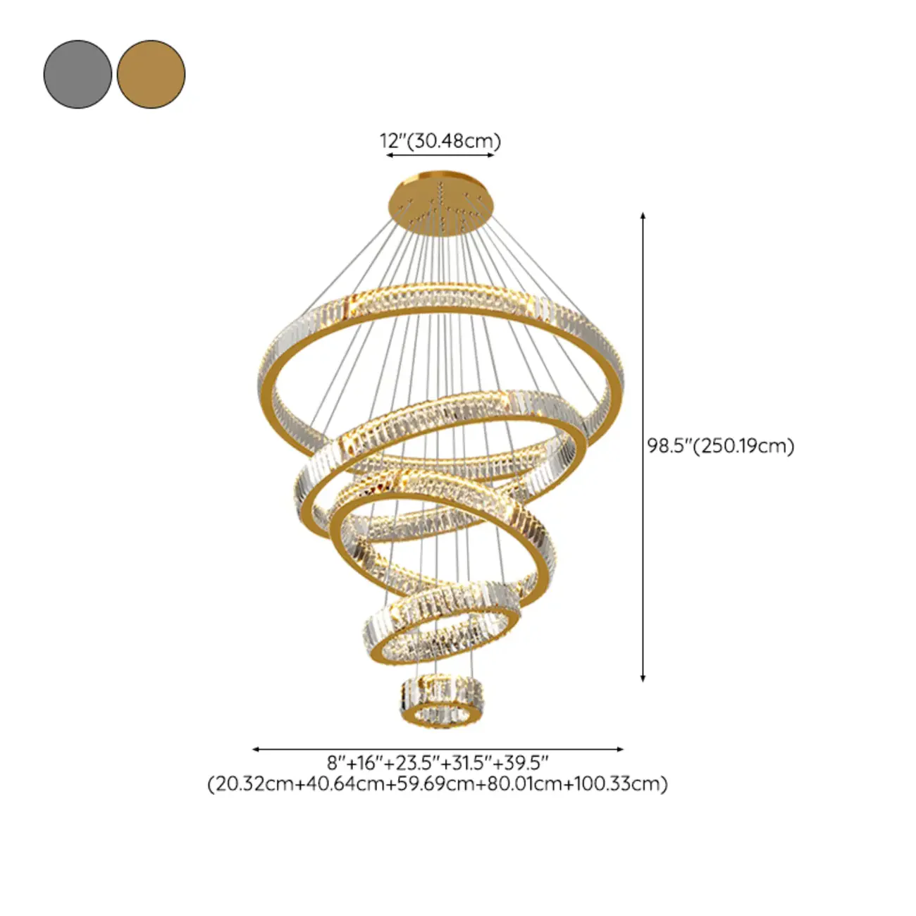 Gold Spiral Ring Crystal Tier Chandelier Modern Remote LED