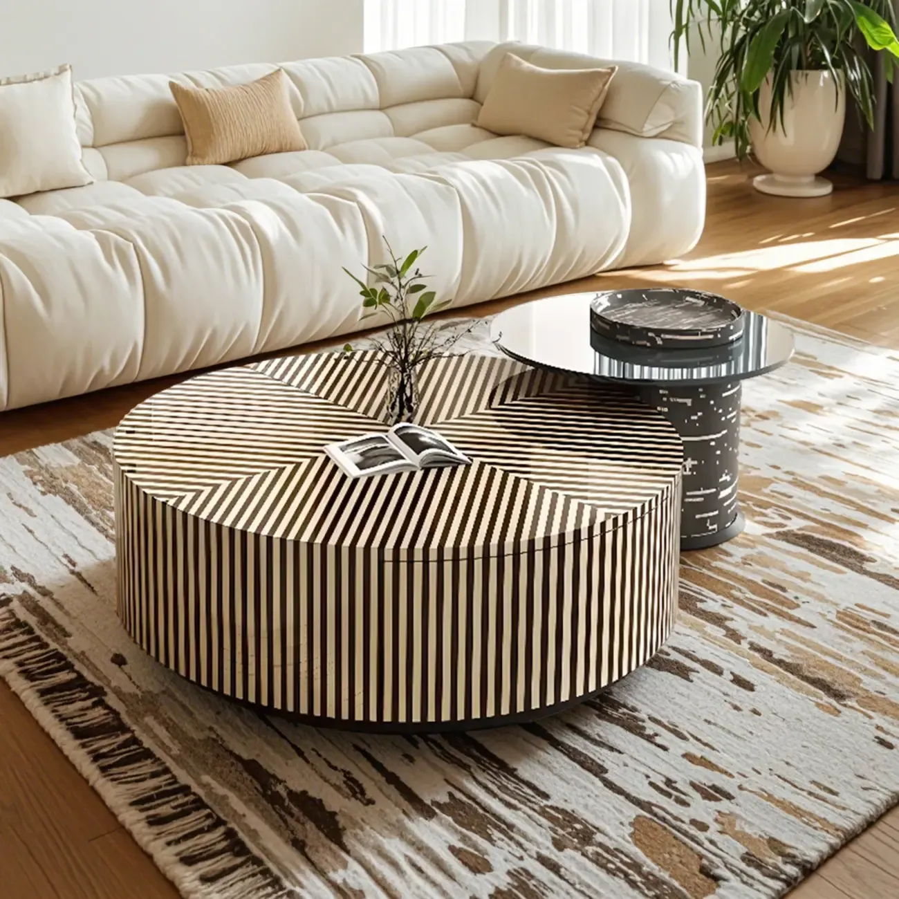 Black and White Stripe Wooden Round Coffee Drawer Table