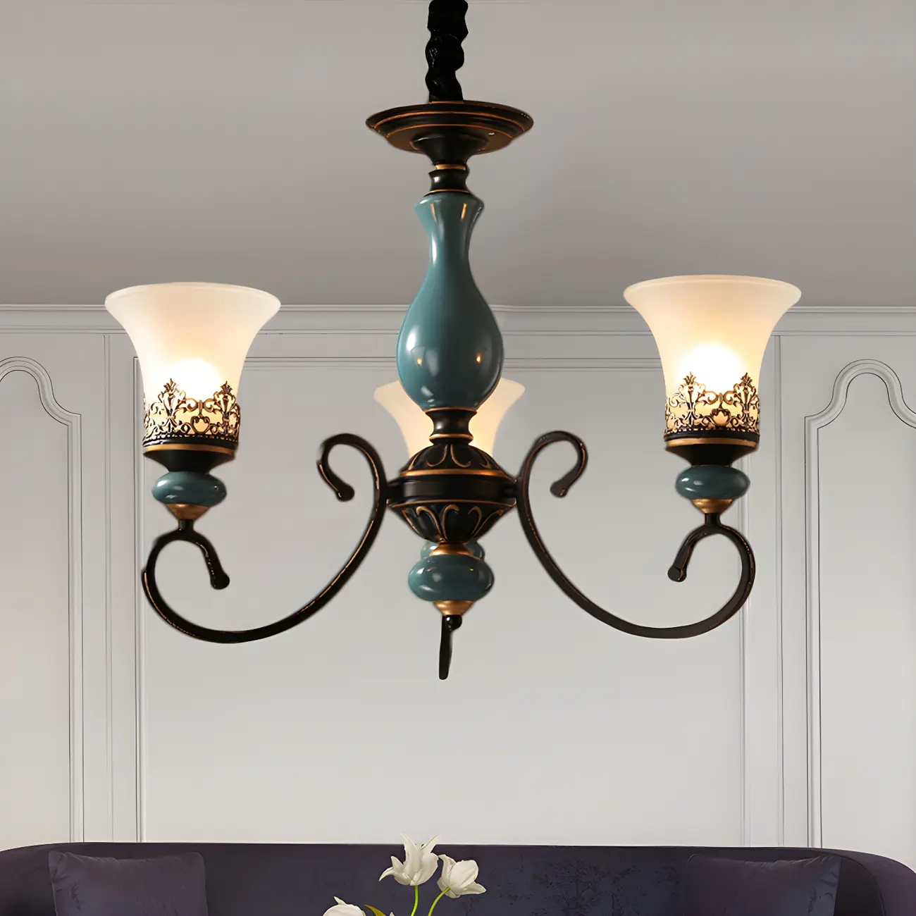 Classical Frosted Glass Blue Ceramic Up Chandelier