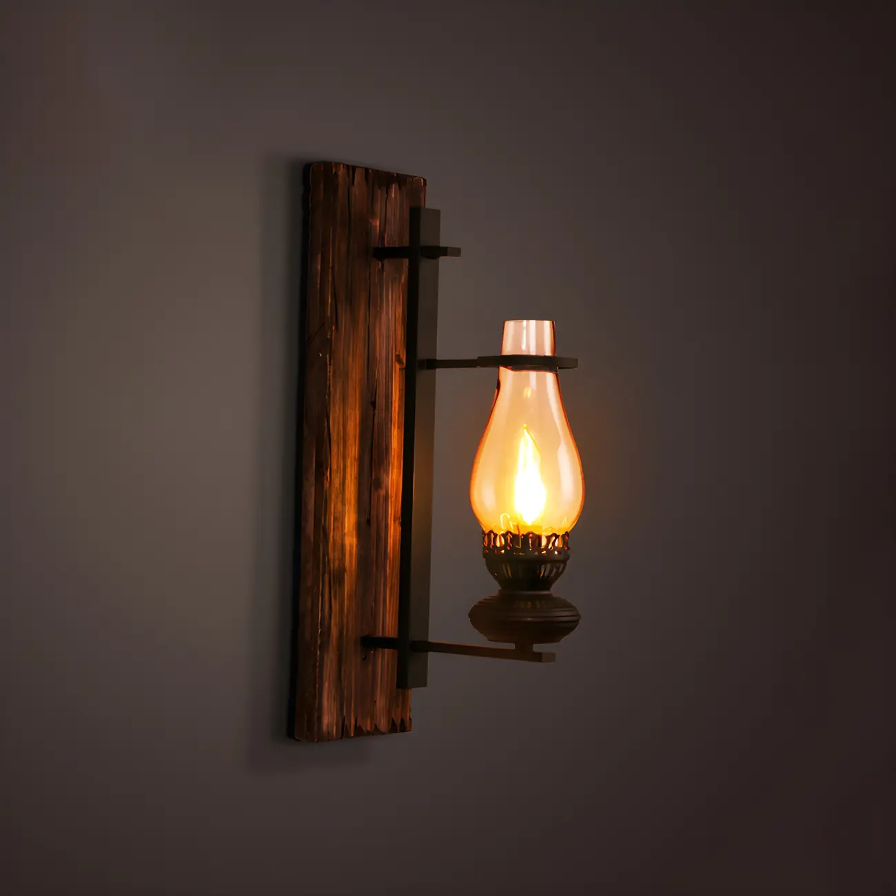Industrial Distressed Wood Glass Black Wall Lantern Light