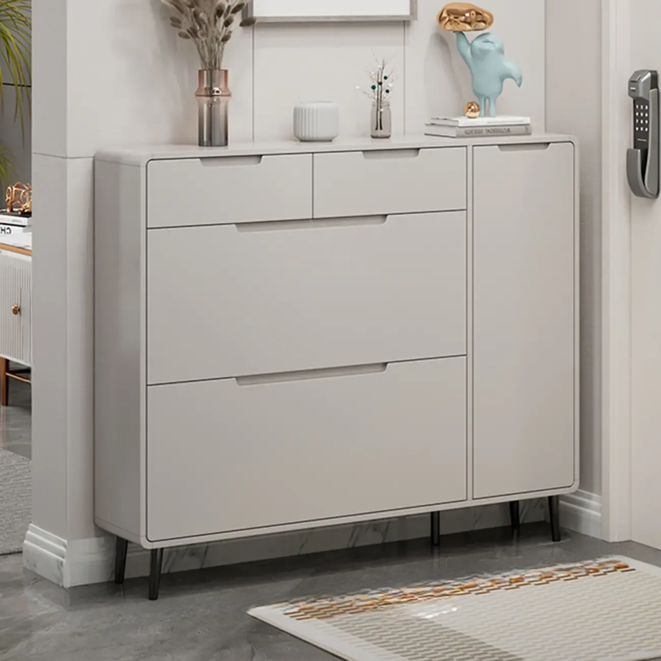 Drop-Front Beige Wood Entryway Shoe Cabinet with 2-Drawer