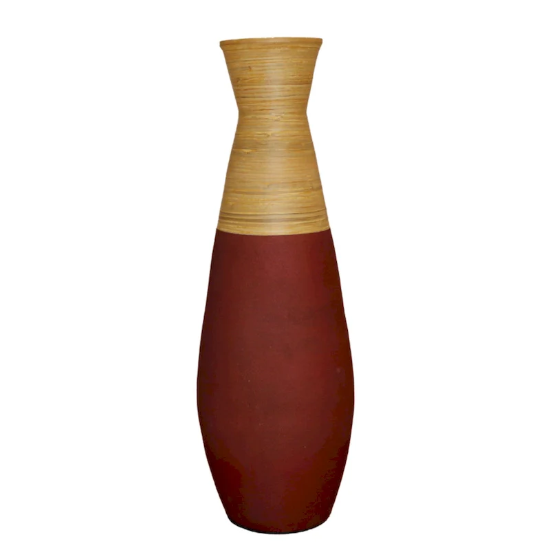31.5 inch Tall Handcrafted Bamboo Floor Vase, Burgundy and Natural Finish, Decorative Accent, Large Bamboo Floor Vase