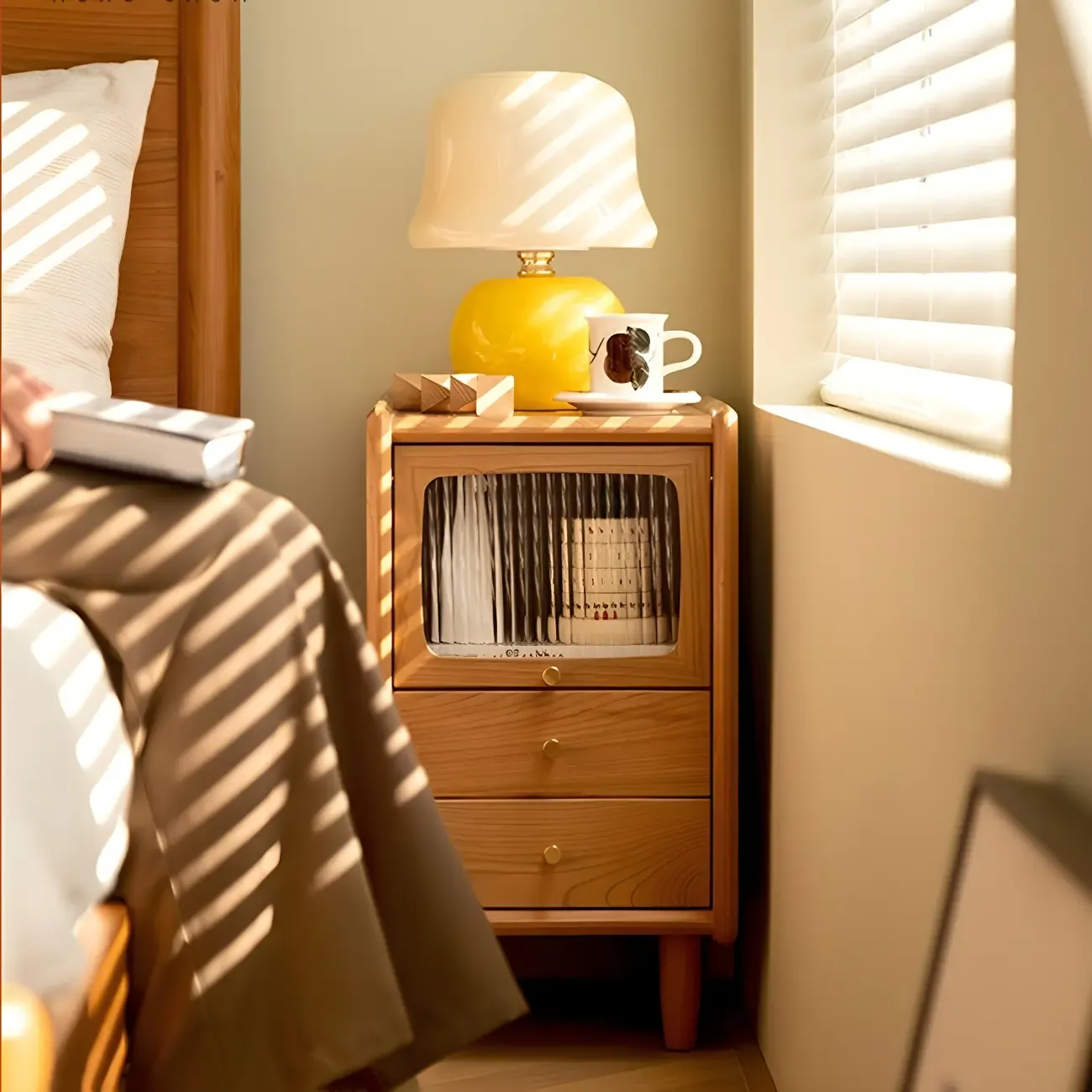 Nordic Brown Solid Wood Flip-up 2 Drawers Nightstand