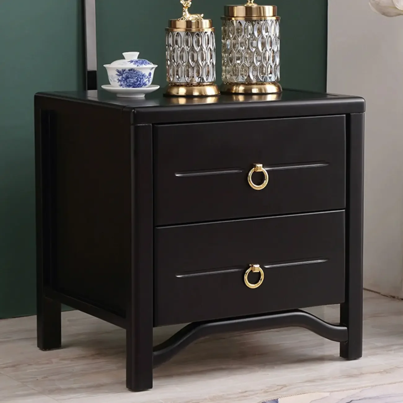 Bedroom Black Wooden 2-Drawer Narrow Nightstand