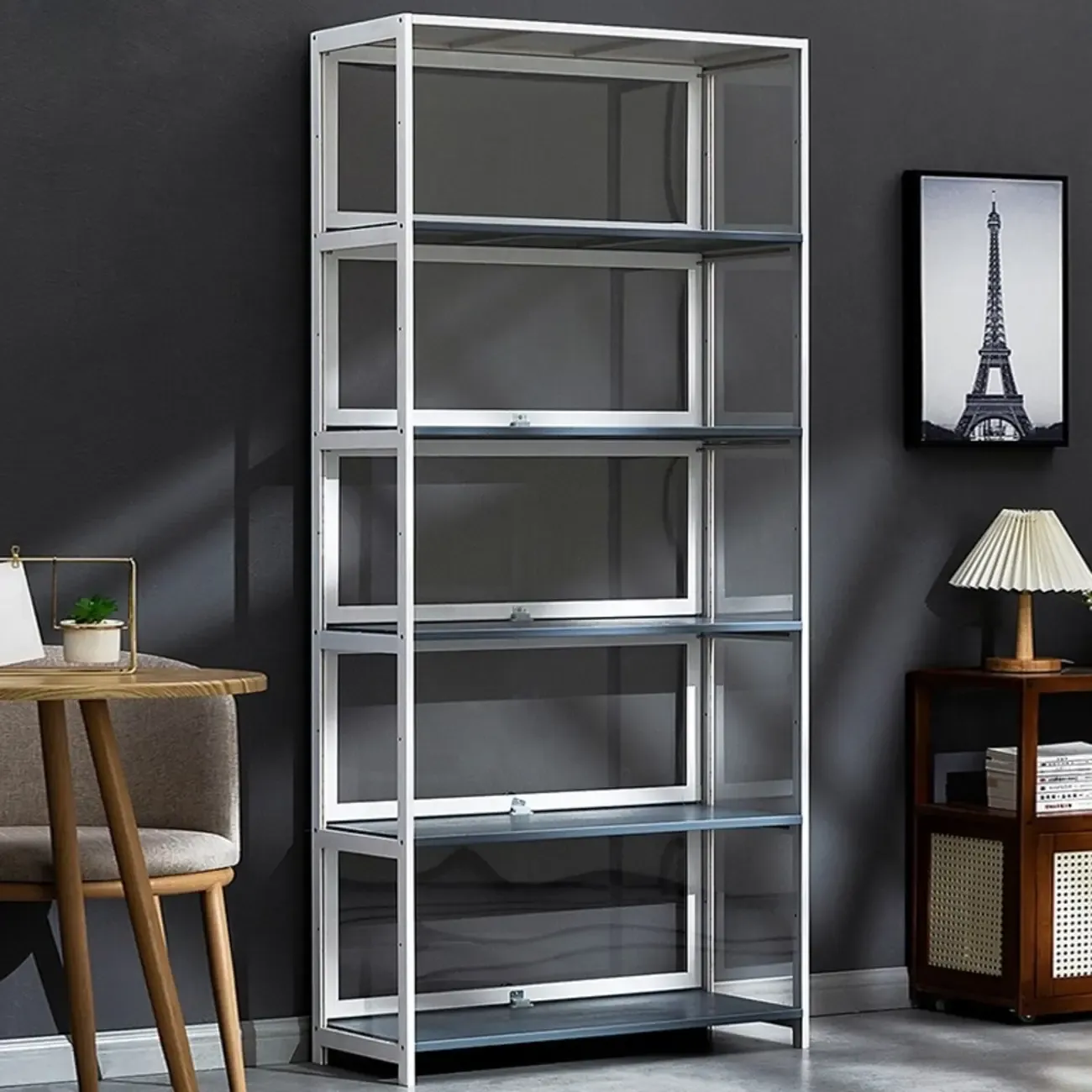 Modern White Bamboo Flip-Up Glass Display Cabinet