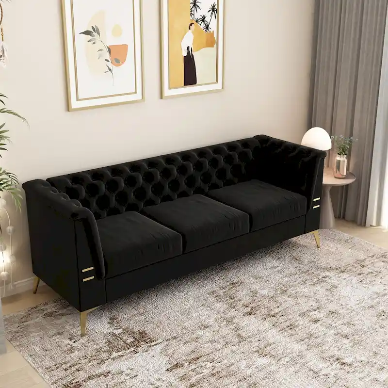 82.7 Velvet 3-Seater Sofa with Gold Metal Legs