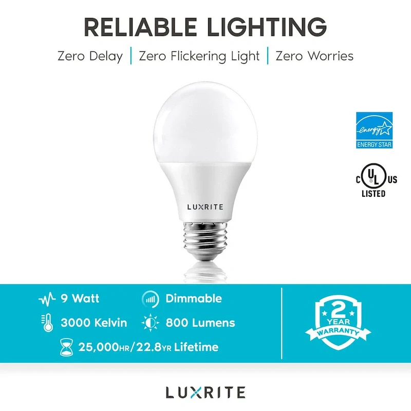 Luxrite A19 LED Light Bulb 60W Equivalent, Dimmable, 800 Lumens, Enclosed Fixture Rated, Energy Star, E26 Base (6 Pack)
