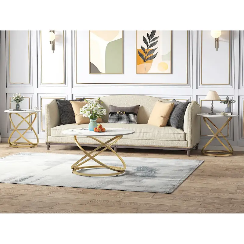 Myhozm Accent Round Glass/Stone Top Coffee Table with Metal Base