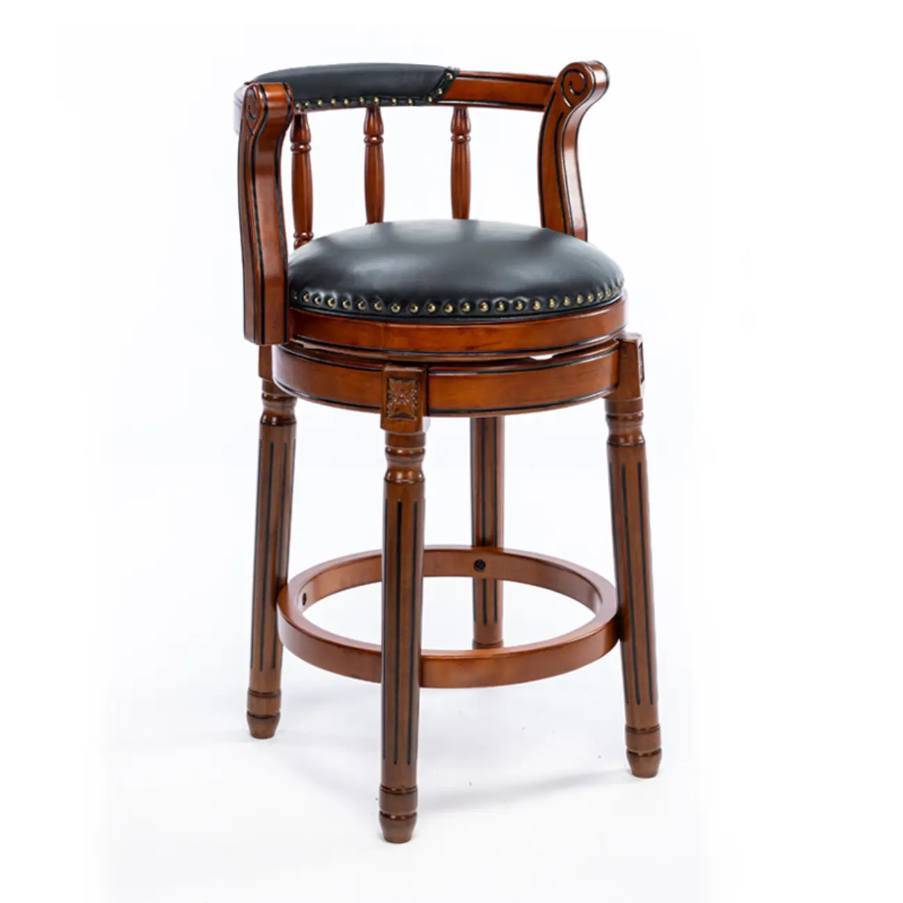 Swivel Counter Height Bar Stools in Genuine Leather & Walnut Solid Wood