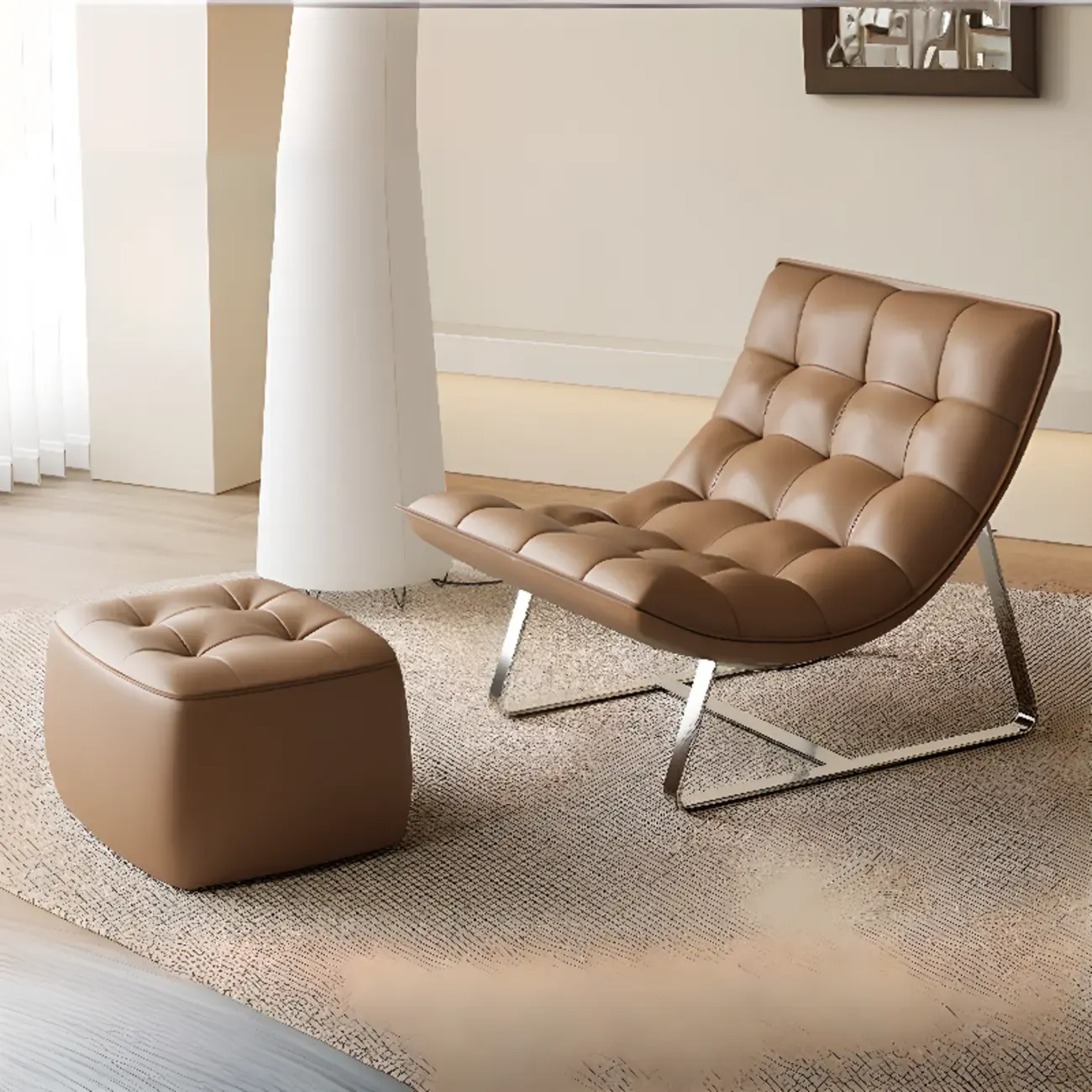 Modern Tufted Leather Accent ArmChair with Ottoman