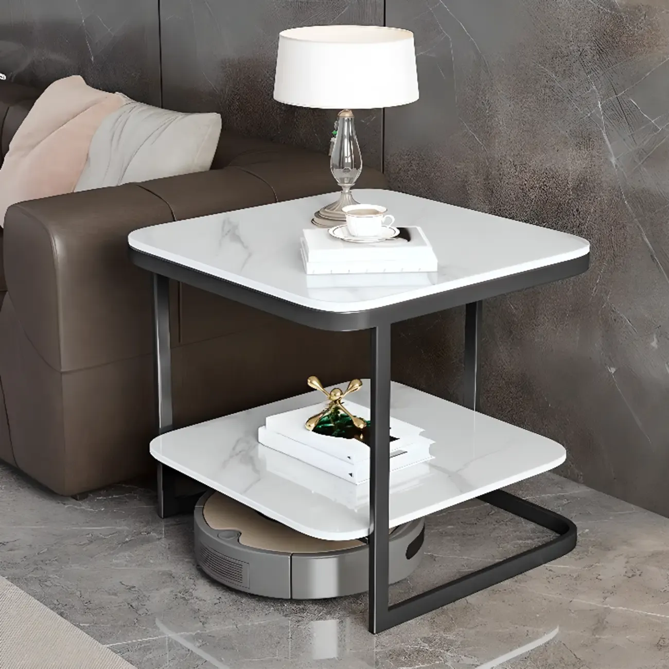 2-Tier C-Shaped Side Table with Shelf