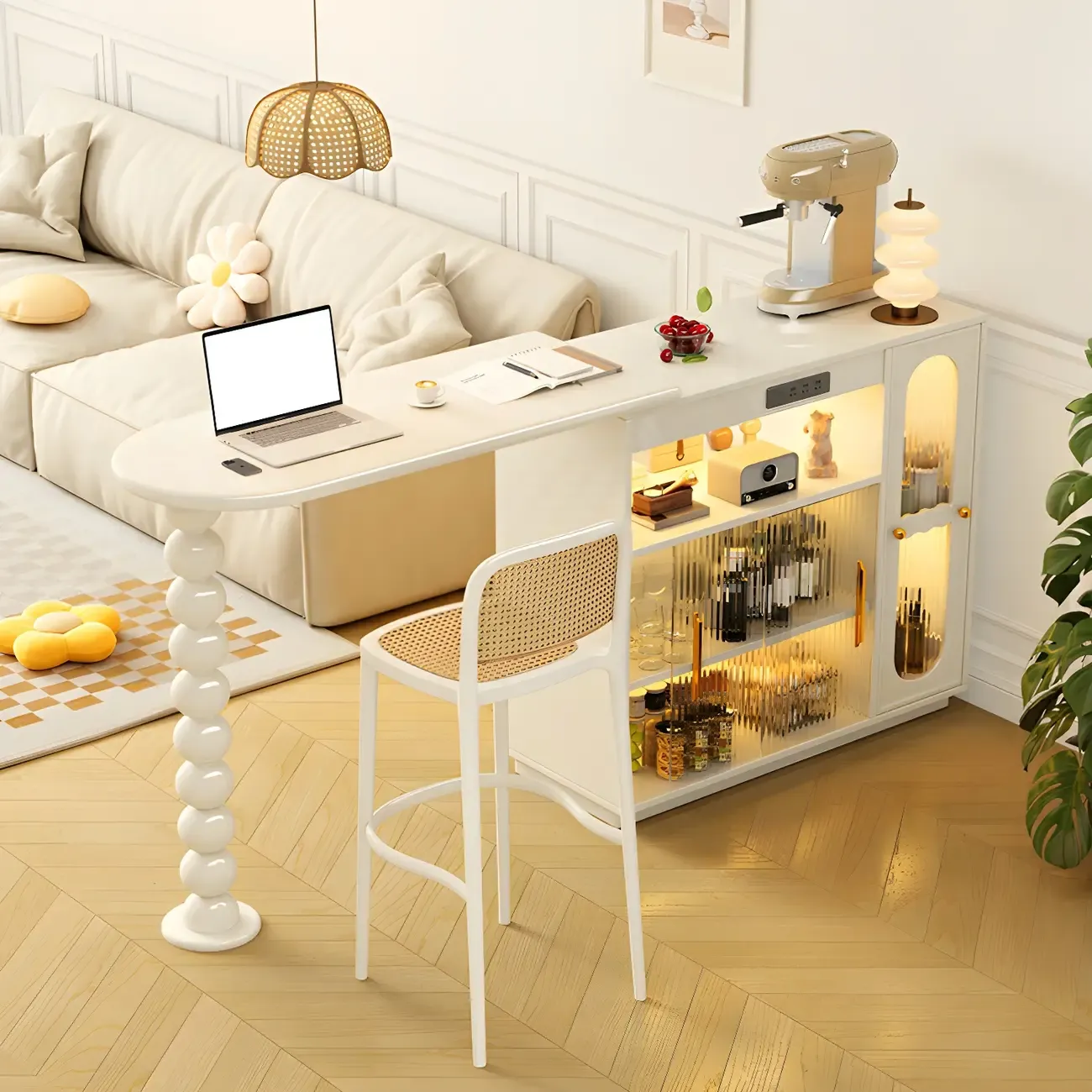 Scandinavian White Oak Storage Extendable Bar Tables