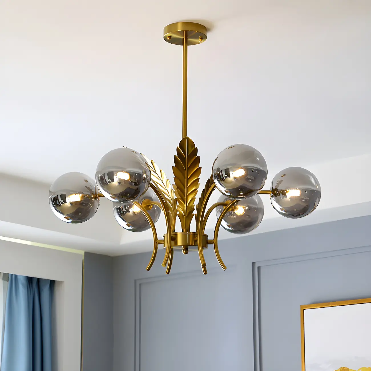 Luxury 6-light Gold Leaf Chandelier with Glass Globes