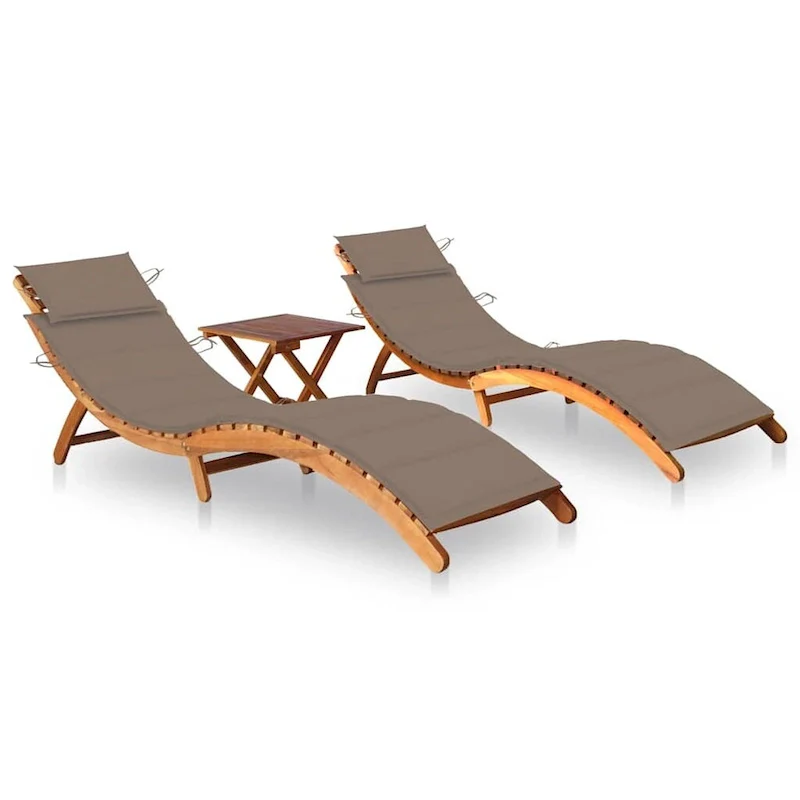 vidaXL Sun Loungers 2 pcs with Table and Cushions Solid Acacia Wood - 72.4 x 21.7 x 25.2