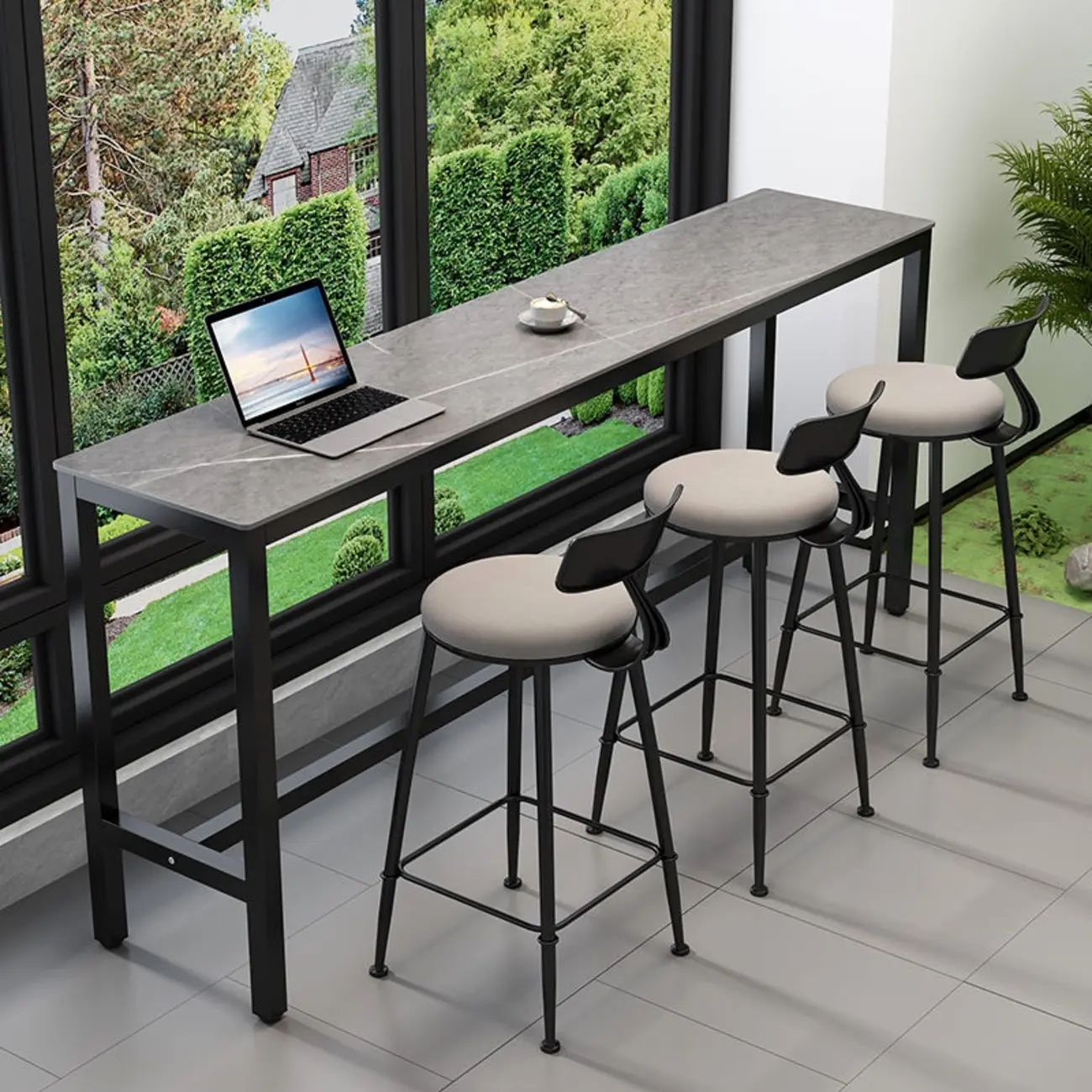 Modern Grey Stone Top Bar Height Table with Trestle Base