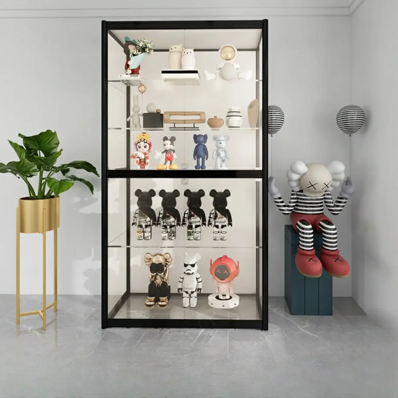 Black Metal Frame Clear Glass Shelf Curio Cabinet