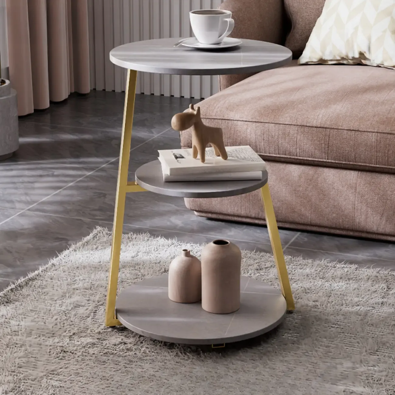 Modern Stone Round Side Table with 3-Tier Storage Shelves