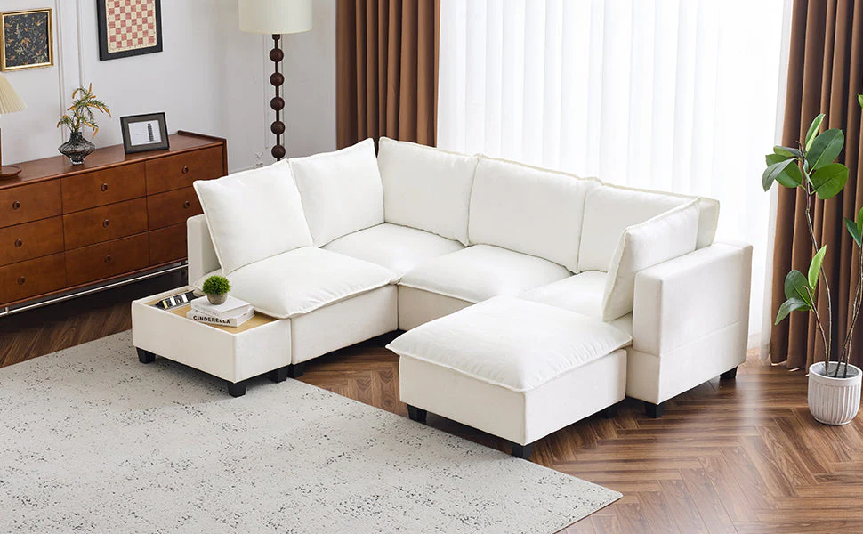 Walker Edison | Cloud Modular U-shaped Sectional Sofa with Ottoman and Coffee Table