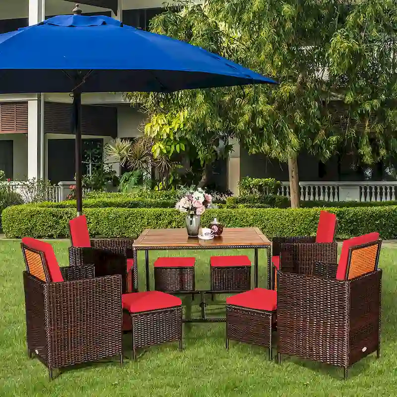 Costway 9PCS Patio Rattan Dining Set Cushioned Chairs Ottoman Wood - See Details