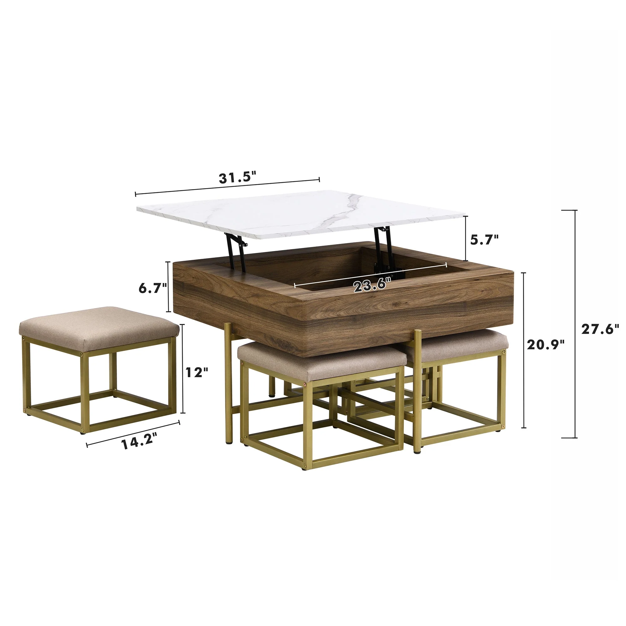 Walker Edison | Modern Square Lift-Top Coffee Table Set with 4 Ottomans