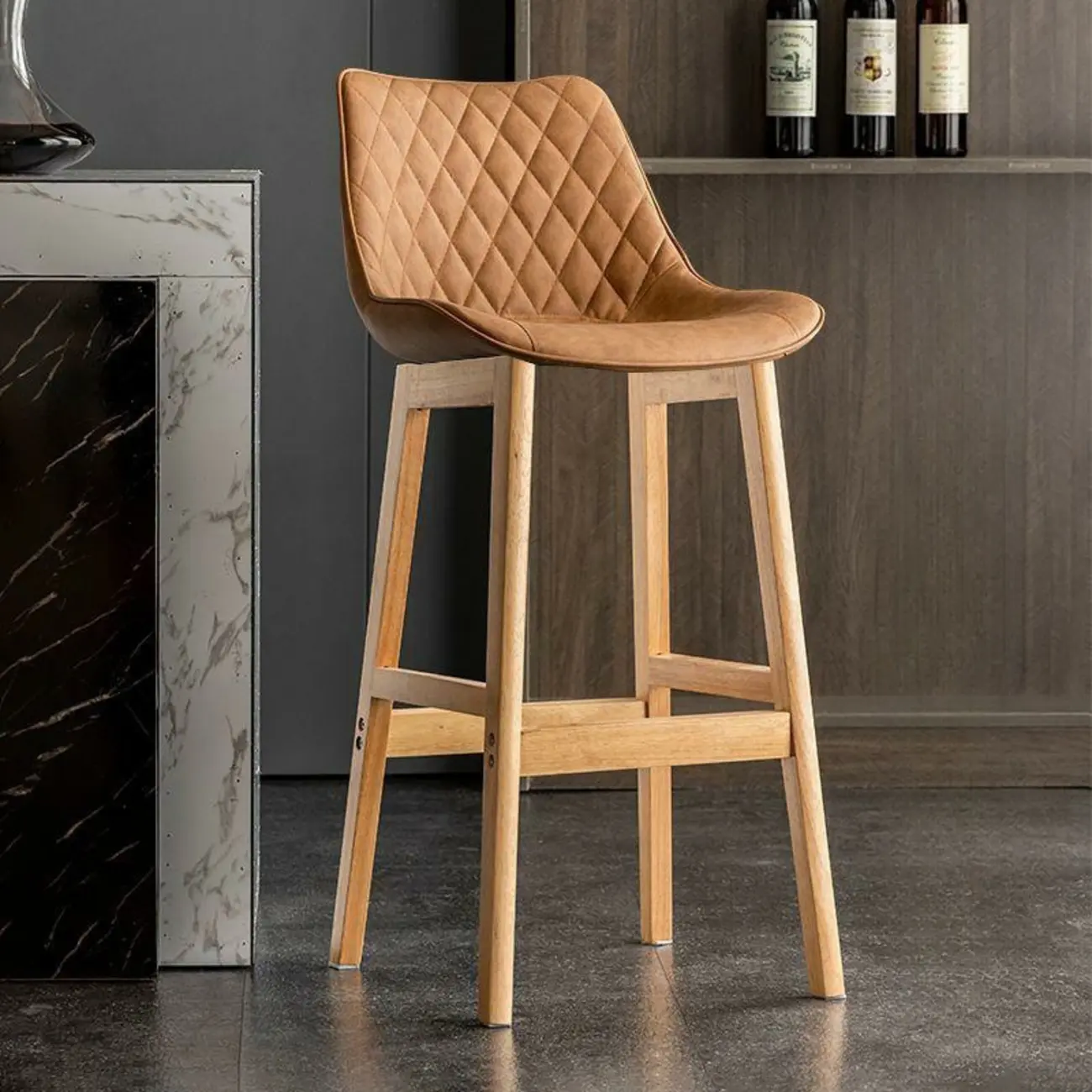 Modern Wood Tufted Upholstered Leather Bar Stool