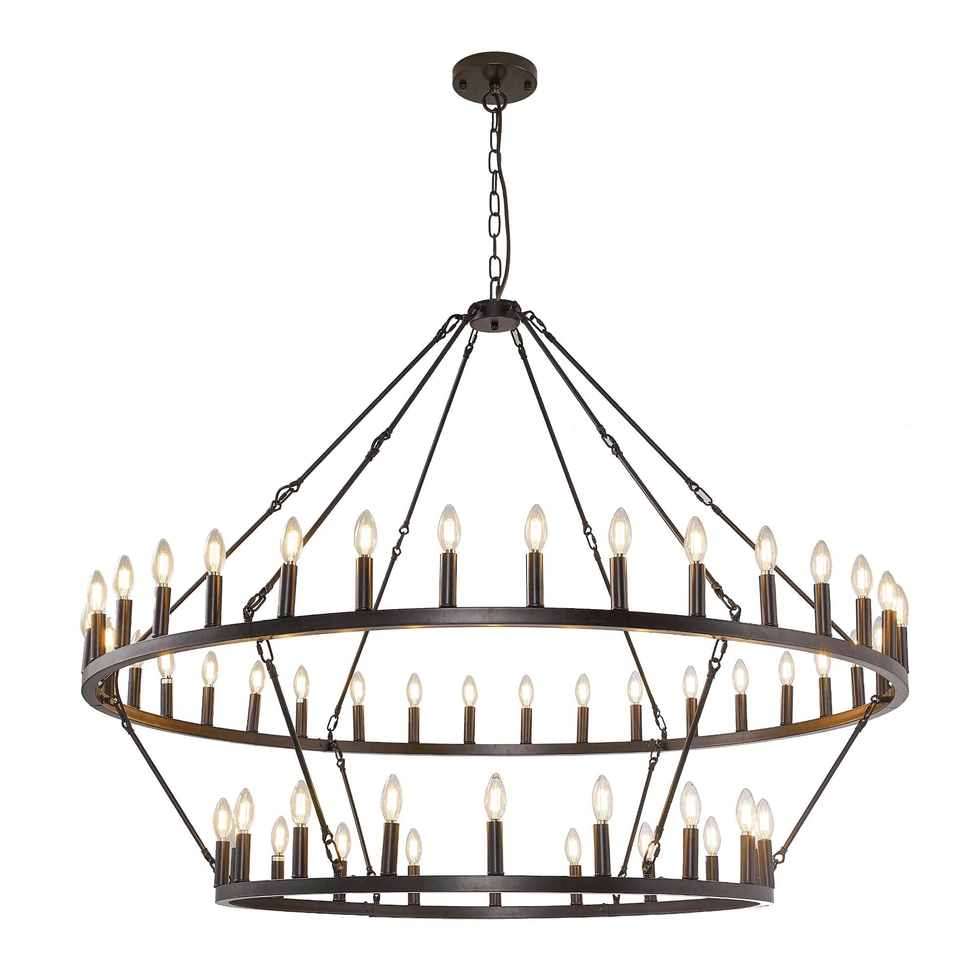 Modern Farmhouse Chandelier 2 Tier Round Wagon Wheel Chandelier Large High Ceiling Light.