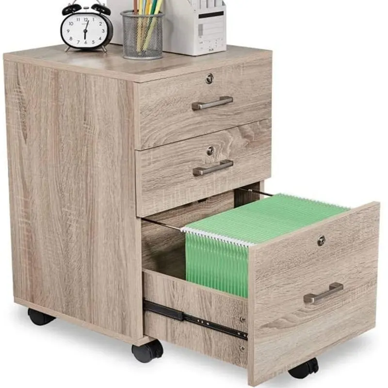 3-Drawer Rolling Wood File Cabinet with Lock