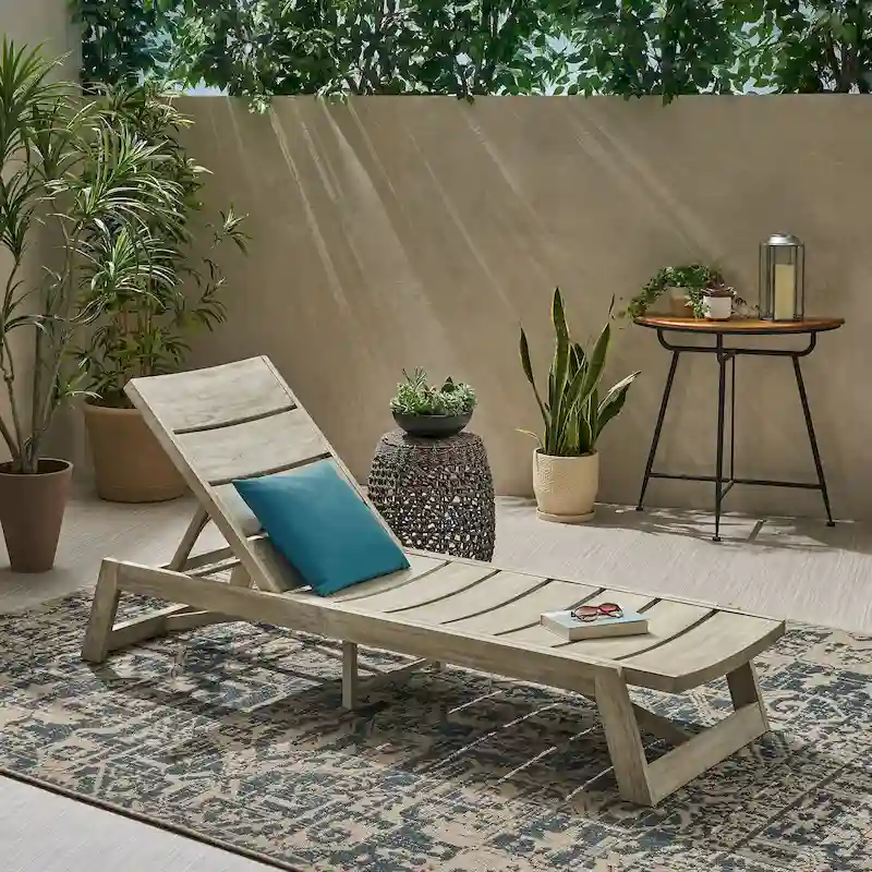 Maki Chaise Lounge Grey Acacia Wood and Metal Adjustable Outdoor Patio Furniture 78in