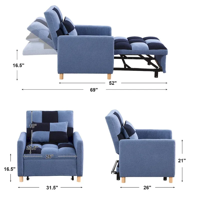 3-in-1 Convertible Sleeper Chair Bed, Single Sofa (Black White)