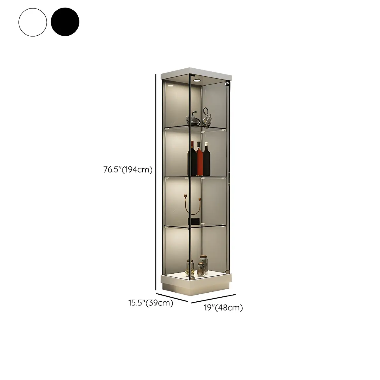 Fashion Black Clear Glass Tall Curio Cabinet with Light