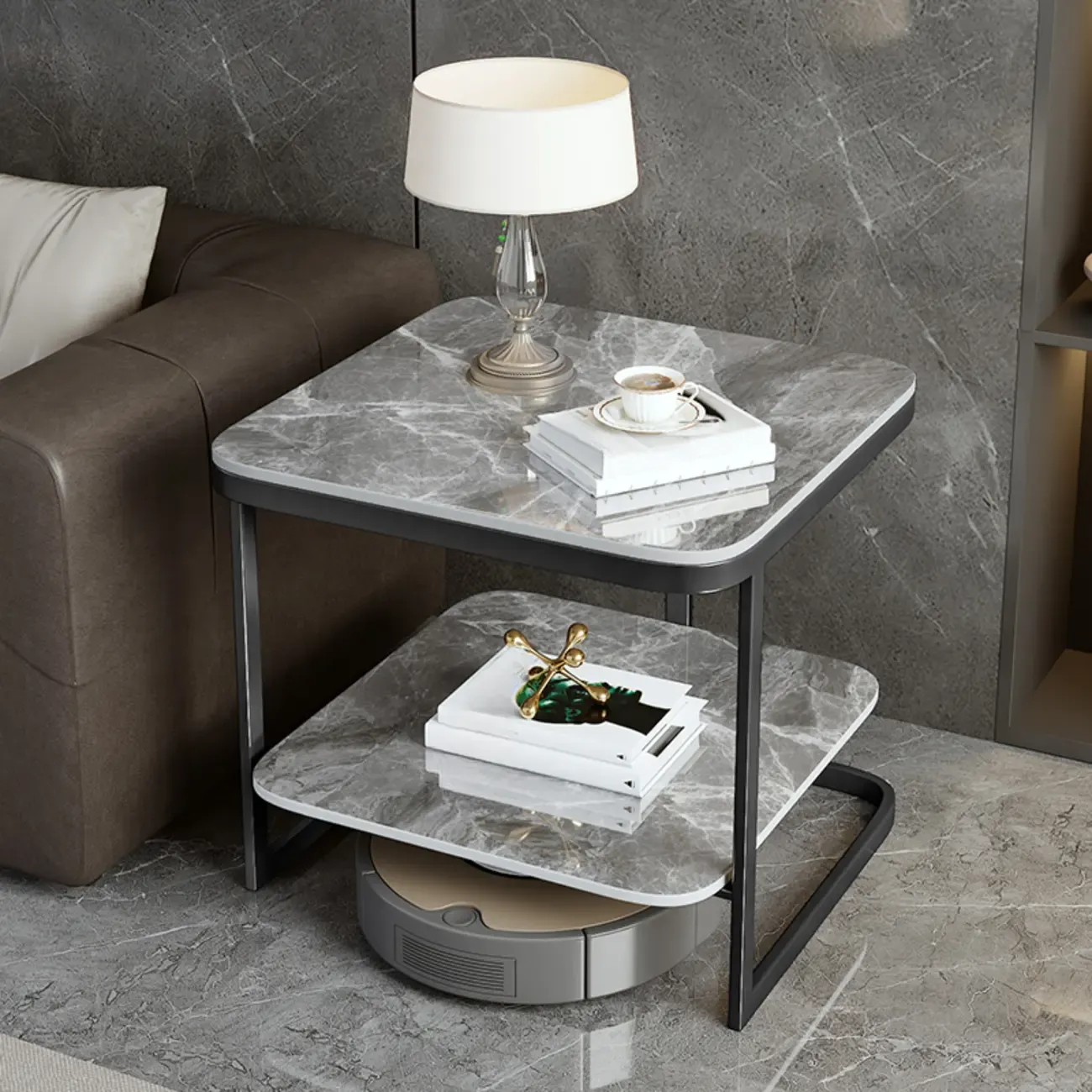 2-Tier C-Shaped Side Table with Shelf