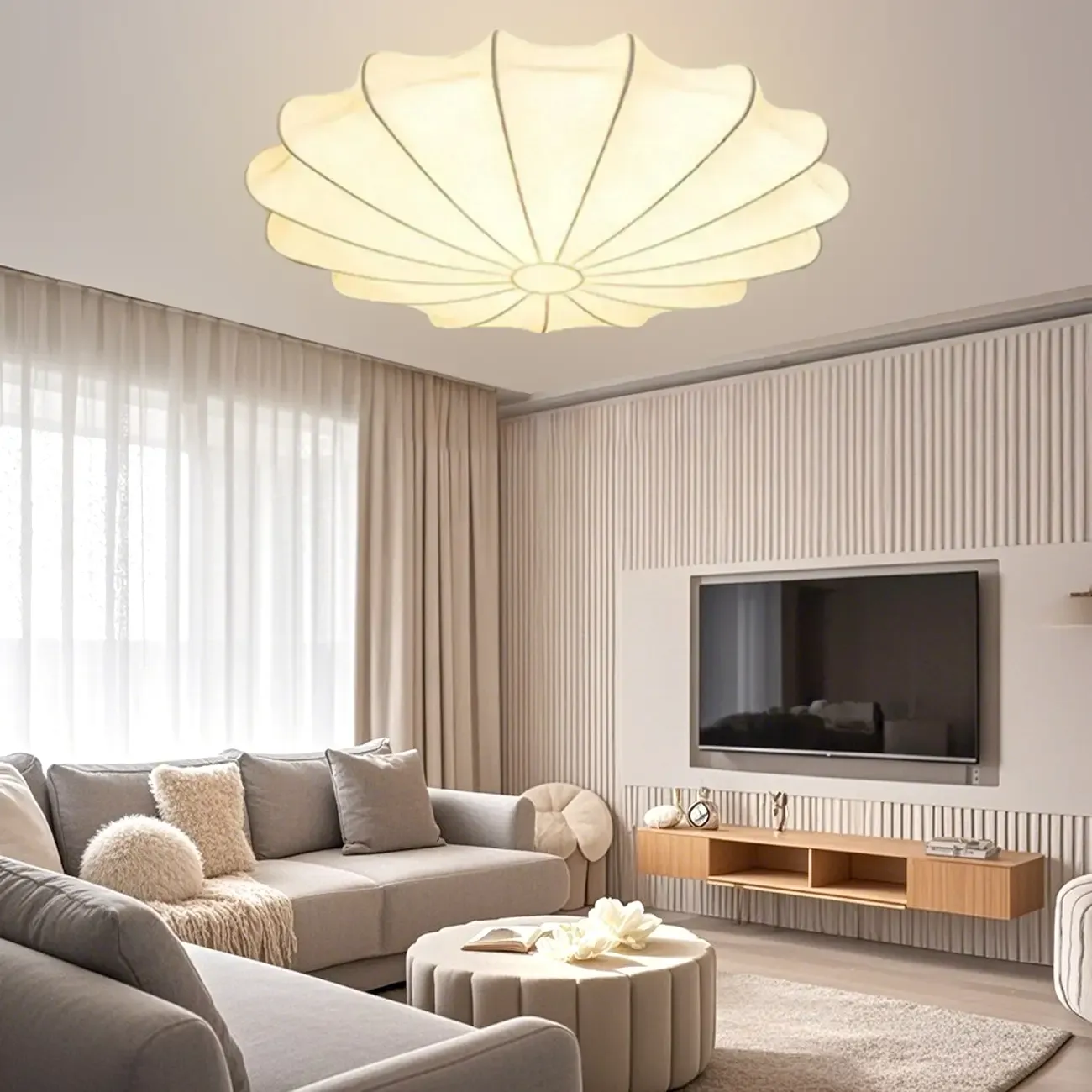 Floral Semi Flush Ceiling Light with Silk Shade for Living Room