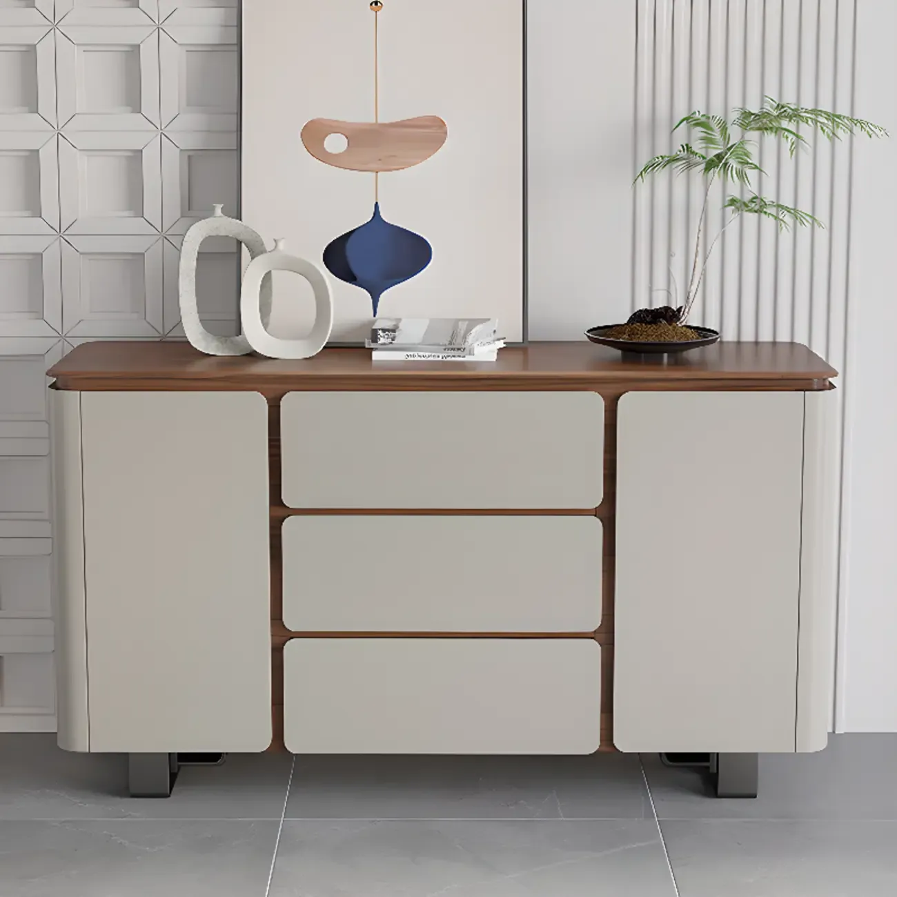 Modern Wooden Sideboard with Mirrored Accents and Storage