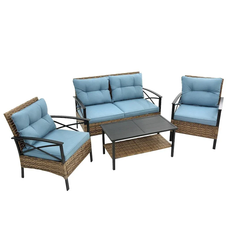 Patio 4 Piece Sectional Low Dining Conversation Sofa Set w/ Cushion