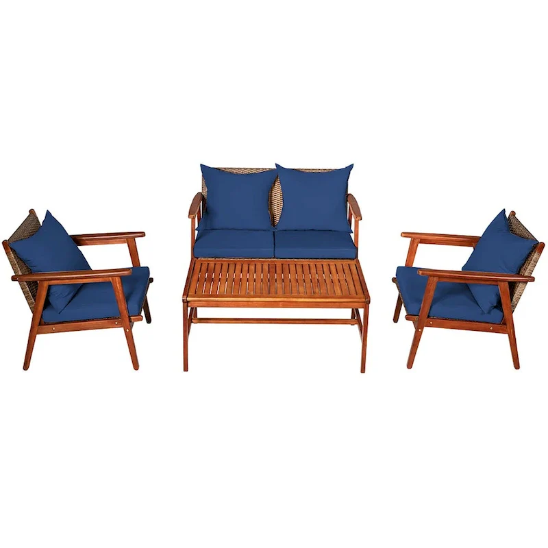 Costway 8PCS Patio Rattan Furniture Set Acacia Wood Frame Cushioned