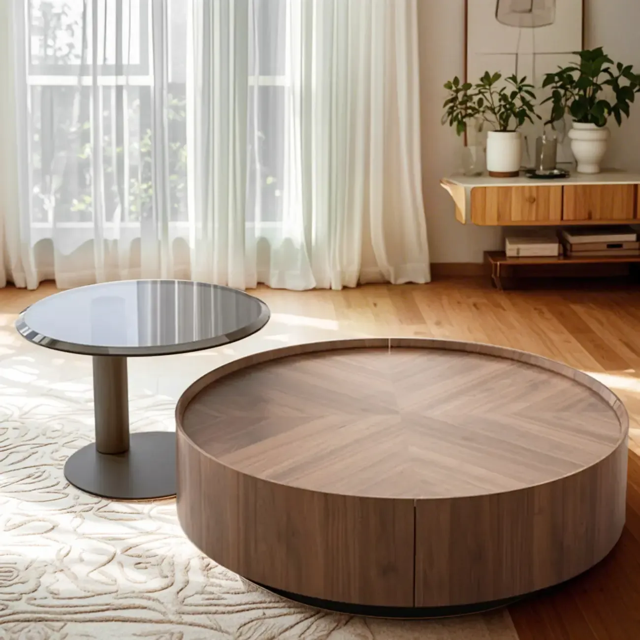 Modern Round Wood Coffee Table with Steel Base