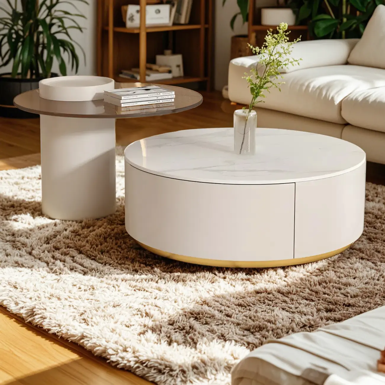 White Modern Round Drum Wood Drawer Coffee Table